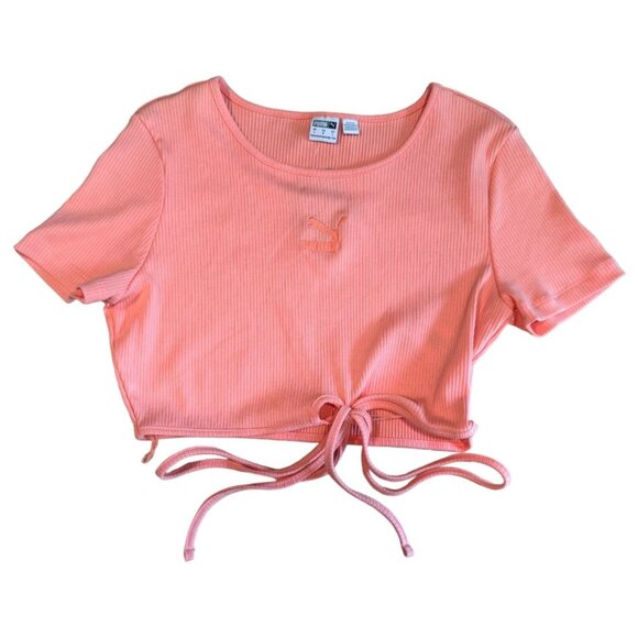 Puma Classic Fit Ribbed Crop Tee Pink Peach String Tie Bottom Hem Women's Large - Picture 3 of 6